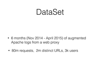 DataSet
• 6 months (Nov 2014 - April 2015) of augmented
Apache logs from a web proxy
• 80m requests, 2m distinct URLs, 3k users
 