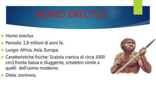 HOMO ERECTUS
 Homo erectus
 Periodo: 1,8 milioni di anni fa.
 Luogo: Africa, Asia, Europa.
 Caratteristiche fisiche: Scatola cranica di circa 1000
cm3,fronte bassa e sfuggente, scheletro simile a
quelli dell’uomo moderno.
 Dieta: onnivora.
 