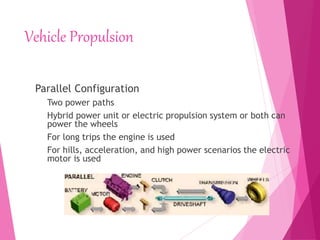 Vehicle Propulsion
Parallel Configuration
Two power paths
Hybrid power unit or electric propulsion system or both can
power the wheels
For long trips the engine is used
For hills, acceleration, and high power scenarios the electric
motor is used
 