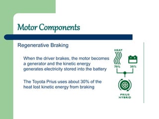 Motor Components
Regenerative Braking
When the driver brakes, the motor becomes
a generator and the kinetic energy
generates electricity stored into the battery
The Toyota Prius uses about 30% of the
heat lost kinetic energy from braking
 