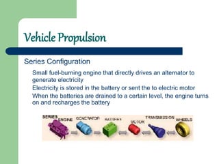 Vehicle Propulsion
Series Configuration
Small fuel-burning engine that directly drives an alternator to
generate electricity
Electricity is stored in the battery or sent the to electric motor
When the batteries are drained to a certain level, the engine turns
on and recharges the battery
 
