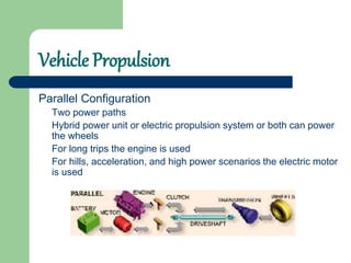 Vehicle Propulsion
Parallel Configuration
Two power paths
Hybrid power unit or electric propulsion system or both can power
the wheels
For long trips the engine is used
For hills, acceleration, and high power scenarios the electric motor
is used
 