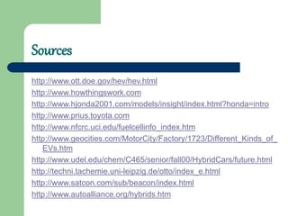 Sources
http://www.ott.doe.gov/hev/hev.html
http://www.howthingswork.com
http://www.hjonda2001.com/models/insight/index.html?honda=intro
http://www.prius.toyota.com
http://www.nfcrc.uci.edu/fuelcellinfo_index.htm
http://www.geocities.com/MotorCity/Factory/1723/Different_Kinds_of_
EVs.htm
http://www.udel.edu/chem/C465/senior/fall00/HybridCars/future.html
http://techni.tachemie.uni-leipzig.de/otto/index_e.html
http://www.satcon.com/sub/beacon/index.html
http://www.autoalliance.org/hybrids.htm
 