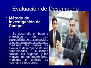Evaluación de Desempeño
CONSIDERA
• Método de
Investigación de
Campo
Se desarrolla en base a
entrevistas
de
un
especialista en evaluación,
con el superior inmediato,
mediante las cuales se
evalúa el desempeño de sus
subordinados,
buscando
causas, los orígenes, y los
motivos de tal desempeño,
mediante el análisis de
hechos o situaciones.

1.-Evaluación Inicial
DESEMPEÑO +, +/-, 2.-Análisis Complementario
PREGUNTAS EN
PROFUNDIDAD
3.-Planeacion
PLAN DE ACCION
accesoria
capacitación
desvinculación
promoción
readaptación
4.-Seguimiento
VERIFICACION O
COMPROBACION
DEL DESEMPEÑO

 