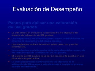 Evaluación de Desempeño
Pasos para aplicar una valoración
de 360 grados


La alta dirección comunica la necesidad y los objetivos del
sistema de valoración de 360 grados.



Los empleados y los directivos participan en la definición de los
criterios de valoración y del propio proceso.



Los empleados reciben formación sobre cómo dar y recibir
información.



Los empleados son informados de la naturaleza del proceso y de
los instrumentos de la valoración de 360 grados.



El sistema de 360 grados pasa por un proceso de prueba en una
parte de la organización.



La dirección refuerza continuamente los objetivos de la
valoración de 360 grados y está dispuesta a cambiar el proceso
cuando sea necesario.

 