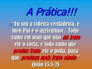 A Prática!!!
“Eu  sou a videira verdadeira, e
 meu Pai é o agricultuor. Todo
 ramo em mim que não dá fruto
   ele o corta, e todo ramo que
  produz fruto ele o poda, para
 que produza mais fruto ainda ”
           (João 15:1-2)
 