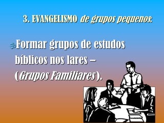 3. EVANGELISMO de grupos pequenos:

Formar   grupos de estudos
 bíblicos nos lares –
 (Grupos Familiares ).
 