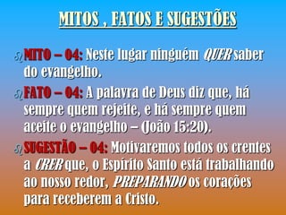 MITOS , FATOS E SUGESTÕES
 MITO  – 04: Neste lugar ninguém QUER saber
  do evangelho.
 FATO – 04: A palavra de Deus diz que, há
  sempre quem rejeite, e há sempre quem
  aceite o evangelho – (João 15:20).
 SUGESTÃO – 04: Motivaremos todos os crentes
  a CRER que, o Espírito Santo está trabalhando
  ao nosso redor, PREPARANDO os corações
  para receberem a Cristo.
 