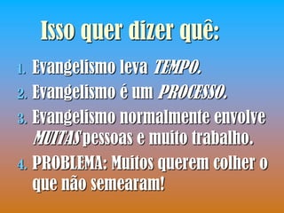 Isso quer dizer quê:
1. Evangelismo leva TEMPO.
2. Evangelismo é um PROCESSO.
3. Evangelismo normalmente envolve
   MUITAS pessoas e muito trabalho.
4. PROBLEMA: Muitos querem colher o
   que não semearam!
 
