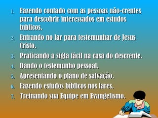 Fazendo contado com as pessoas não-crentes para descobrir interessados em estudos bíblicos. Entrando no lar para testemunhar de Jesus Cristo. Praticando a sigla fácil na casa do descrente. Dando o testemunho pessoal. Apresentando o plano de salvação. Fazendo estudos bíblicos nos lares. Treinando sua Equipe em Evangelismo. 