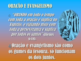 ORAÇÃO E EVANGELISMO
  “ORANDO em todo o tempo
com toda a oração e súplica no
 Espírito, e vigiando nisto com
 toda a perseverança e súplica
  por todos os santos” (Efésios
             6:18).
Oração e evangelismo são como
os gumes da tesoura, só funcionam
         os dois juntos.
 