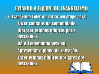 O Evangelista-Líder irá enviar seu grupo para: Fazer contatos na comunidade. Oferecer estudos bíblicos para descrentes. Dá o Testemunho pessoal. Apresentar o plano de salvação. Fazer estudos bíblicos nos lares dos descrentes. 