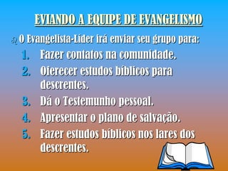 EVIANDO A EQUIPE DE EVANGELISMO
O   Evangelista-Líder irá enviar seu grupo para:
 1. Fazer contatos na comunidade.
 2. Oferecer estudos bíblicos para
    descrentes.
 3. Dá o Testemunho pessoal.
 4. Apresentar o plano de salvação.
 5. Fazer estudos bíblicos nos lares dos
    descrentes.
 