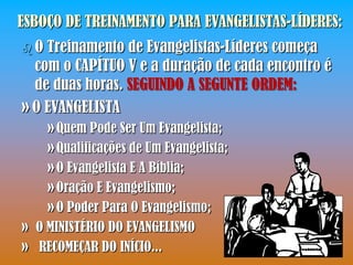 ESBOÇO DE TREINAMENTO PARA EVANGELISTAS-LÍDERES:
O  Treinamento de Evangelistas-Líderes começa
  com o CAPÍTUO V e a duração de cada encontro é
  de duas horas. SEGUINDO A SEGUNTE ORDEM:
» O EVANGELISTA
    » Quem Pode Ser Um Evangelista;
    » Qualificações de Um Evangelista;
    » O Evangelista E A Bíblia;
    » Oração E Evangelismo;
    » O Poder Para O Evangelismo;
» O MINISTÉRIO DO EVANGELISMO
» RECOMEÇAR DO INÍCIO...
 