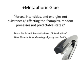 +Metaphoric Glue 
“forces, intensities, and energies not 
substances,” effecting the “complex, random 
processes not predi...
