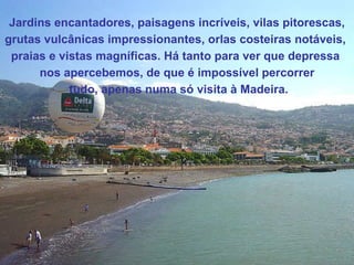Jardins encantadores, paisagens incríveis, vilas pitorescas, grutas vulcânicas impressionantes, orlas costeiras notáveis,  praias e vistas magníficas. Há tanto para ver que depressa  nos apercebemos, de que é impossível percorrer  tudo, apenas numa só visita à Madeira. 