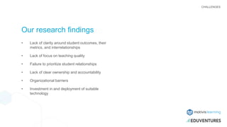 CHALLENGES
Our research findings
• Lack of clarity around student outcomes, their
metrics, and interrelationships
• Lack of focus on teaching quality
• Failure to prioritize student relationships
• Lack of clear ownership and accountability
• Organizational barriers
• Investment in and deployment of suitable
technology
 