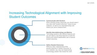 KEY STEPS
Increasing Technological Alignment with Improving
Student Outcomes
Communicate with Vendors
When soliciting vendor responses, you should make it
very clear what “student outcomes” means at your
institution, as well as any interrelationships and
metrics you use to measure them.
Identify Interrelationships and Metrics
Technology solutions offer different features and
you will need to map these features to booth the
actions and metrics stakeholders use to improve
student outcomes.
Define Student Outcomes
Without a clear understanding of the
precise meaning of “student outcomes” at
your institution, you may risk implementing
a technology solution that misses the mark.
 