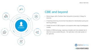 CBE and beyond
• Motivis began within Southern New Hampshire University’s College for
America
• A teaching & learning environment that allows for individualized pacing and
learning pathways
• Initially focused on CBE programs, but supports wide range of pedagogical
models
• Builds on CRM technology, capturing a broader and more detailed set of
data from across student lifecycle – the right data, to the right people, at
the right time
ABOUT MOTIVIS
 