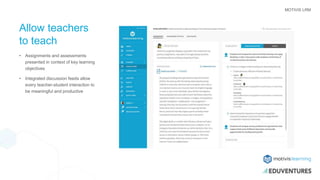 MOTIVIS LRM
Allow teachers
to teach
• Assignments and assessments
presented in context of key learning
objectives
• Integrated discussion feeds allow
every teacher-student interaction to
be meaningful and productive
 