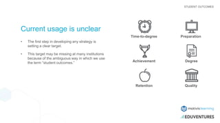 Current usage is unclear
• The first step in developing any strategy is
setting a clear target.
• This target may be missing at many institutions
because of the ambiguous way in which we use
the term “student outcomes.”
STUDENT OUTCOMES
Retention Quality
Time-to-degree Preparation
DegreeAchievement
 