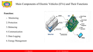 V. P. Bhaurkar EV (T. Y. Mechanical)
Function:
1. Monitoring
2. Protection
3. Balancing
4. Communication
5. Data Logging
6. Energy Management
Main Components of Electric Vehicles (EVs) and Their Functions
 