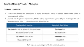 National Incentives:
1. FAME (Faster Adoption and Manufacturing of (Hybrid and) Electric) vehicles, is currently India’s flagship scheme for
promoting electric mobility.
2. Currently in its 2nd phase of implementation, FAME-II is being implemented for a period of 3 years, eff. 1st April 2019 with a
budget allocation of 10,000 Cr. The incentives offered in the scheme are:
Total Approximate Incentives
Approximate Size of Battery
Ref - https://e-amrit.niti.gov.in/electric-vehicle-incentives
Benefits of Electric Vehicles - Motivation
 