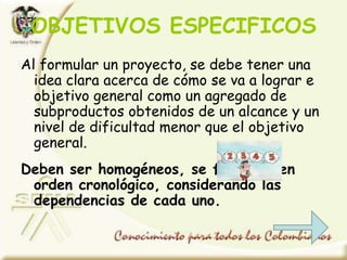 OBJETIVOS ESPECIFICOS
Al formular un proyecto, se debe tener una
idea clara acerca de cómo se va a lograr e
objetivo general como un agregado de
subproductos obtenidos de un alcance y un
nivel de dificultad menor que el objetivo
general.
Deben ser homogéneos, se formulan en
orden cronológico, considerando las
dependencias de cada uno.
 