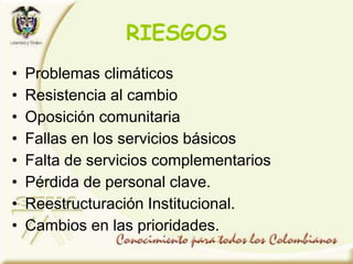 • Problemas climáticos
• Resistencia al cambio
• Oposición comunitaria
• Fallas en los servicios básicos
• Falta de servicios complementarios
• Pérdida de personal clave.
• Reestructuración Institucional.
• Cambios en las prioridades.
RIESGOS
 