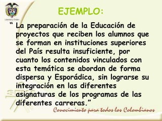 EJEMPLO:
“ La preparación de la Educación de
proyectos que reciben los alumnos que
se forman en instituciones superiores
del País resulta insuficiente, por
cuanto los contenidos vinculados con
esta temática se abordan de forma
dispersa y Esporádica, sin lograrse su
integración en las diferentes
asignaturas de los programas de las
diferentes carreras.”
 