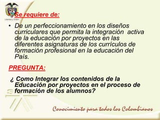 • Se requiere de:
• De un perfeccionamiento en los diseños
curriculares que permita la integración activa
de la educación por proyectos en las
diferentes asignaturas de los currículos de
formación profesional en la educación del
País.
PREGUNTA:
¿ Como Integrar los contenidos de la
Educación por proyectos en el proceso de
formación de los alumnos?
 