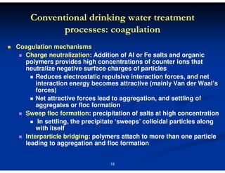 Conventional drinking water treatment
processes: coagulation
Coagulation mechanisms
Charge neutralization: Addition of Al or Fe salts and organic
polymers provides high concentrations of counter ions that
neutralize negative surface charges of particles
Reduces electrostatic repulsive interaction forces, and net
interaction energy becomes attractive (mainly Van der Waal’s
forces)
Net attractive forces lead to aggregation, and settling of
aggregates or floc formation
Sweep floc formation: precipitation of salts at high concentration
In settling, the precipitate ‘sweeps’ colloidal particles along
with itself
Interparticle bridging: polymers attach to more than one particle
leading to aggregation and floc formation

18

 