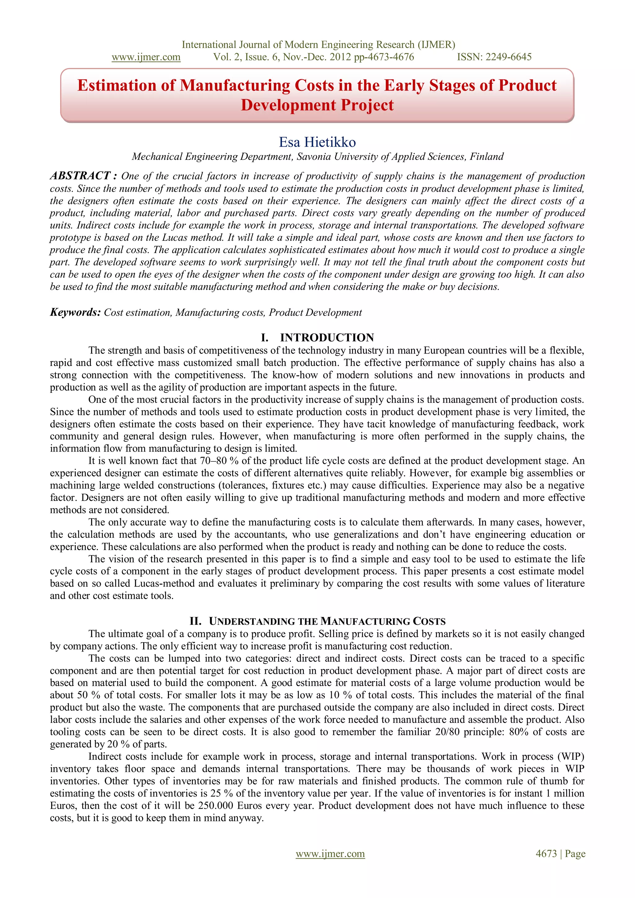 Estimation of Manufacturing Costs in the Early Stages of Product ...