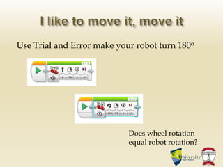 Use Trial and Error make your robot turn 180o
Does wheel rotation
equal robot rotation?
 
