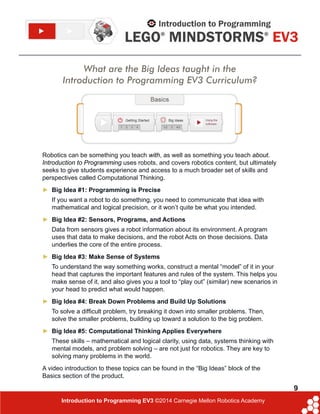 The Virtual NXT is not a LEGO® MINDSTORMS® product. LEGO Education
or the LEGO Group does not sponsor, endorse, or support this product
What are the Big Ideas taught in the
Introduction to Programming EV3 Curriculum?
Robotics can be something you teach with, as well as something you teach about.
Introduction to Programming uses robots, and covers robotics content, but ultimately
seeks to give students experience and access to a much broader set of skills and
perspectives called Computational Thinking.
►► Big Idea #1: Programming is Precise
If you want a robot to do something, you need to communicate that idea with
mathematical and logical precision, or it won’t quite be what you intended.
►► Big Idea #2: Sensors, Programs, and Actions
Data from sensors gives a robot information about its environment. A program
uses that data to make decisions, and the robot Acts on those decisions. Data
underlies the core of the entire process.
►► Big Idea #3: Make Sense of Systems
To understand the way something works, construct a mental “model” of it in your
head that captures the important features and rules of the system. This helps you
make sense of it, and also gives you a tool to “play out” (similar) new scenarios in
your head to predict what would happen.
►► Big Idea #4: Break Down Problems and Build Up Solutions
To solve a difficult problem, try breaking it down into smaller problems. Then,
solve the smaller problems, building up toward a solution to the big problem.
►► Big Idea #5: Computational Thinking Applies Everywhere
These skills – mathematical and logical clarity, using data, systems thinking with
mental models, and problem solving – are not just for robotics. They are key to
solving many problems in the world.
A video introduction to these topics can be found in the “Big Ideas” block of the
Basics section of the product.
9
Introduction to Programming EV3 ©2014 Carnegie Mellon Robotics Academy
 