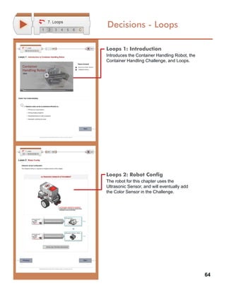 64
Decisions - Loops
Loops 1: Introduction
Introduces the Container Handling Robot, the
Container Handling Challenge, and Loops.
Loops 2: Robot Config
The robot for this chapter uses the
Ultrasonic Sensor, and will eventually add
the Color Sensor in the Challenge.
 