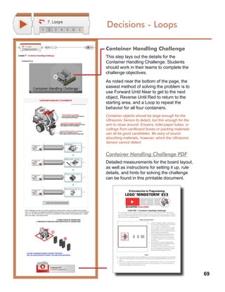 69
Decisions - Loops
Container Handling Challenge
This step lays out the details for the
Container Handling Challenge. Students
should work in their teams to complete the
challenge objectives.
As noted near the bottom of the page, the
easiest method of solving the problem is to
use Forward Until Near to get to the next
object, Reverse Until Red to return to the
starting area, and a Loop to repeat the
behavior for all four containers.
Container objects should be large enough for the
Ultrasonic Sensor to detect, but thin enough for the
arm to close around. Erasers, toilet paper tubes, or
cuttings from cardboard boxes or packing materials
can all be good candidates. Be wary of sound-
absorbing materials, however, which the Ultrasonic
Sensor cannot detect.
Container Handling Challenge PDF
Detailed measurements for the board layout,
as well as instructions for setting it up, rule
details, and hints for solving the challenge
can be found in this printable document.
 
