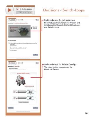 78
Decisions - Switch-Loops
Switch-Loops 1: Introduction
Re-introduces the Autonomous Tractor, and
introduces the Obstacle Orchard Challenge,
and Switch-Loops.
Switch-Loops 2: Robot Config
The robot for this chapter uses the
Ultrasonic Sensor.
 