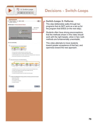 79
Decisions - Switch-Loops
Switch-Loops 3: Failures
This step deliberately walks through two
programs that do NOT work as a set up for
the program that DOES (in the next step).
Students often have strong preconceptions
that the methods shown in this video should
work with the right tweaks, when in fact, both
methods are fundamentally unworkable.
This video attempts to move students
toward greater acceptance of that fact, and
openness toward the new approach.
 