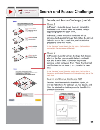 91
Final Challenge ResourcesSearch and Rescue Challenge
Search and Rescue Challenge PDF
Detailed measurements for the board layout, as
well as instructions for setting it up, rule details, and
hints for solving the challenge can be found in this
printable document.
Phase 2
In Phase 2, students work on the logic that decides
which of the four room-specific behaviors should
run, and at what times. It will then rely on the
existing, tested behaviors from Phase 1 (with small
modifications as necessary) to complete the room
task.
In the “iterative” model, this step builds upon the first step’s
behaviors, and instead focuses on choosing the right one at the
right time.
Search and Rescue Challenge (cont’d)
Phase 1
In Phase 1, students should focus on completing
the tasks found in each room separately, using a
separate program for each room.
In Phase 2, these individual behaviors will be
combined with additional logic that makes the correct
behavior run at the correct time, and repeats the
process to cover four rooms.
In the “iterative” model, this is the first step – the foundation
upon which the next steps will be built.
 