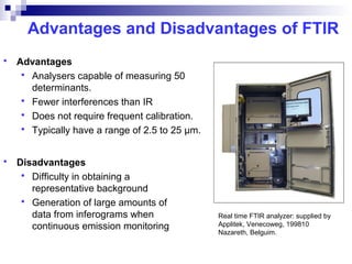 Advantages and Disadvantages of FTIR
 Advantages
 Analysers capable of measuring 50
determinants.
 Fewer interferences than IR
 Does not require frequent calibration.
 Typically have a range of 2.5 to 25 µm.
 Disadvantages
 Difficulty in obtaining a
representative background
 Generation of large amounts of
data from inferograms when
continuous emission monitoring
Real time FTIR analyzer: supplied by
Applitek, Venecoweg, 199810
Nazareth, Belguim.
 