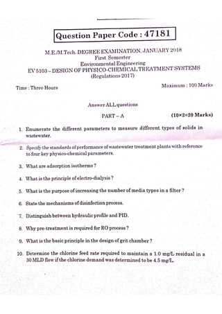 Ev5103 design of physio chemical treatment systems-previous year question paper