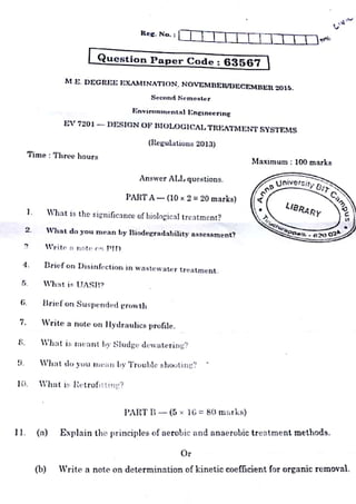 Ev5201 design of biological treatment systems-previous year question paper