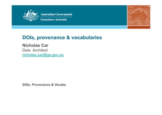 DOIs, provenance & vocabularies
Nicholas Car
Data Architect
nicholas.car@ga.gov.au
DOIs, Provenance & Vocabs
 
