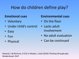 How do children define play?
Emotional cues
• Voluntary
• Under child’s control
• Easy
• Fun
• Physical
Environmental cues
• On the floor
• Lacks adult
involvement
• No adult evaluation
• Can be continued
Howard, J & McInnes, K Ch2 in Moyles, J (ed) (2010) Thinking through play
Maidenhead: OUP
 