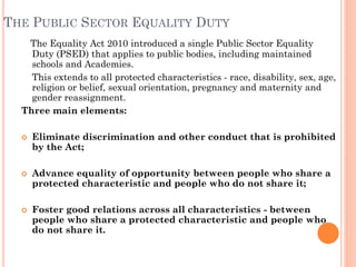 THE PUBLIC SECTOR EQUALITY DUTY
The Equality Act 2010 introduced a single Public Sector Equality
Duty (PSED) that applies to public bodies, including maintained
schools and Academies.
This extends to all protected characteristics - race, disability, sex, age,
religion or belief, sexual orientation, pregnancy and maternity and
gender reassignment.
Three main elements:
 Eliminate discrimination and other conduct that is prohibited
by the Act;
 Advance equality of opportunity between people who share a
protected characteristic and people who do not share it;
 Foster good relations across all characteristics - between
people who share a protected characteristic and people who
do not share it.
 