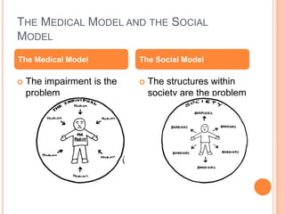THE MEDICAL MODEL AND THE SOCIAL
MODEL
The Medical Model


The impairment is the
problem

The Social Model


The structures within
society are the problem

 