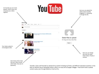 Your videos upload in
chronological order.
Youtube; I have used Youtube to upload all my content including my Prelim, and different evaluation questions. It has
been an efficient way of uploading content, which is an easy link to Google’s Blogger. I have learnt how to upload
content easily, even through iMovie or Final Cut Pro.
Here you can upload the
videos easily, by either
dragging it, or uploading
it through the file.
Here you can change
who sees the video,
either Public, Private or
unlisted.
On Youtube you can create
playlists, which means you
can group your videos
together.
Here shows all the views
that your video has got,
which helps show you its
popularity.
 