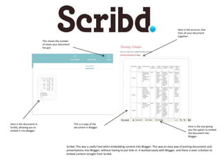 Here is the document in
Scribd, allowing you to
embed it into Blogger.
Scribd; This was a useful tool when embedding content into Blogger. This was an easy way of putting documents and
presentations into Blogger, without having to put links in. It worked easily with Blogger, and there is even a button to
embed content straight from Scribd.
This shows the number
of views your document
has got.
Here is the account, that
links all your document
together.
Here is the tool giving
you the option to embed
the document into
Blogger.
This is a copy of the
document in Blogger.
 