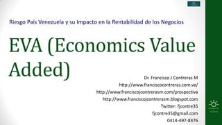 Riesgo País Venezuela y su Impacto en la Rentabilidad de los Negocios



EVA (Economics Value
Added)                                                   Dr. Francisco J Contreras M
                                             http://www.franciscocontreras.com.ve/
                                  http://www.franciscojcontrerasm.com/prospectiva
                                     http://www.franciscojcontrerasm.blogspot.com
                                                                   Twitter: fjcontre35
                                                              fjcontre35@gmail.com
                                                                      0414-497-8376
 